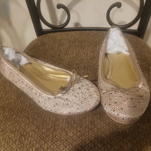 Torrid Size 11 Tan Golden Bow front Rhinestone Flats Dress Shoes EUC